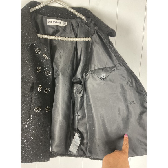 Self Portrait Black Glitter Tweed‎ Cropped Jacket Embellished Buttons - Picture 8 of 11